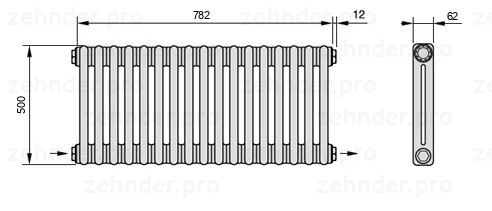 Схема (чертеж) Радиатор Zehnder Charleston 2050/17 №2670 Белый глянцевый RAL 9016